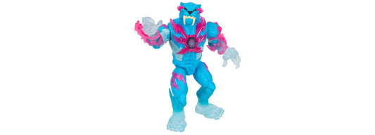 Mr Beast Hyper Fusion Lightning Panther action figure with turquoise and hot pink armor, fierce expression, and translucent accents on a plain background