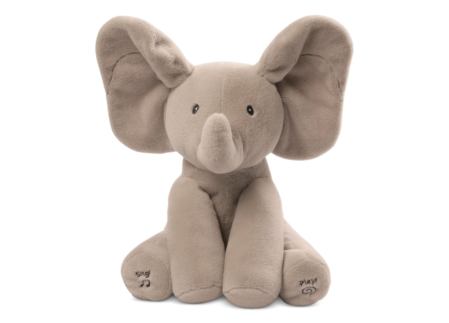 Gund Flappy the Elephant plush toy in soft gray with large ears, embroidered musical notes on one foot and play symbol on the other