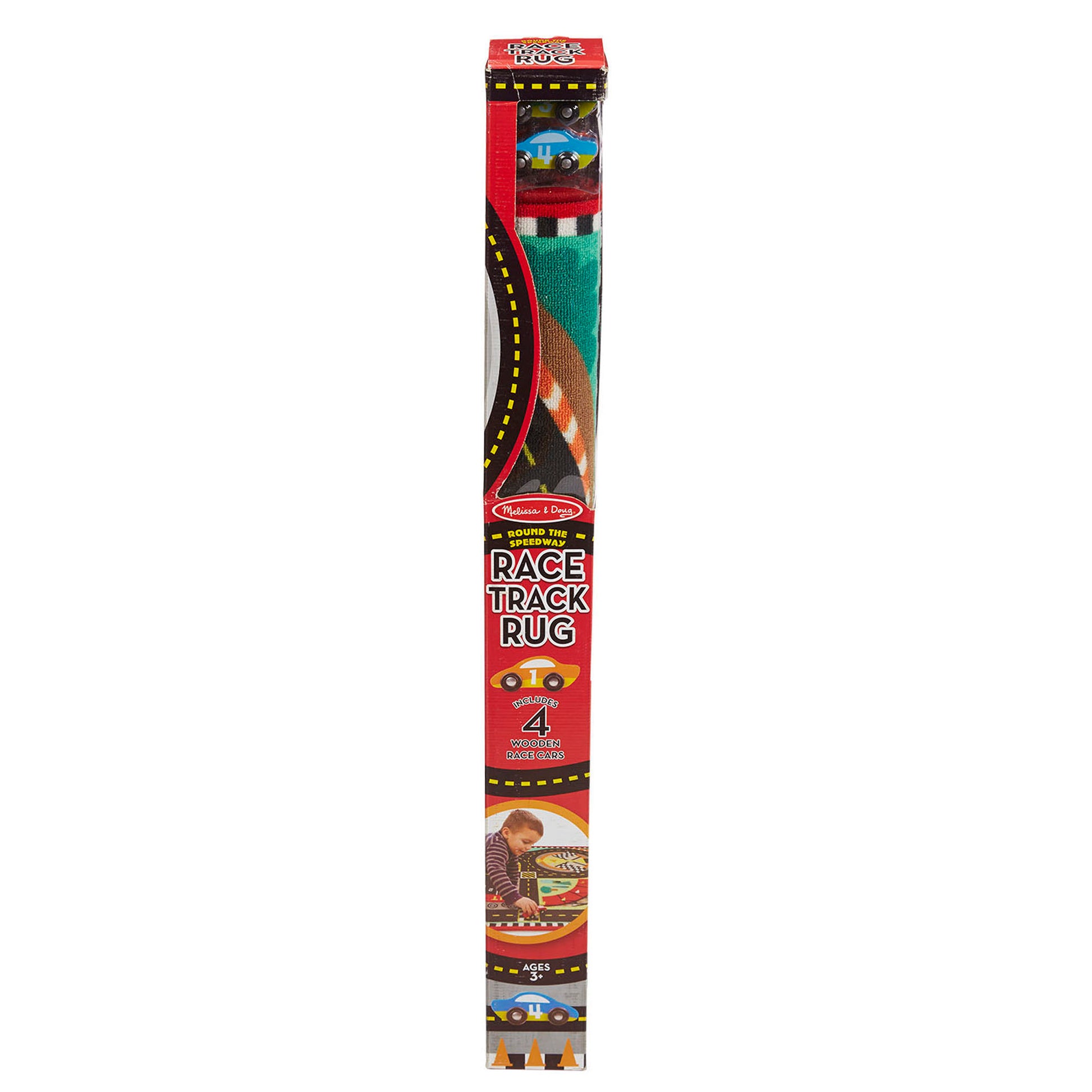 Melissa & Doug Speedway Race Track Rug with 4 wooden cars, colorful road design