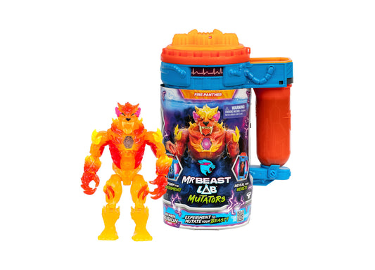 Mr Beast Lab Mutators Hyper Fusion Fire Panther action figure set with yellow and orange flame-detailed figure and blue transformation chamber pod