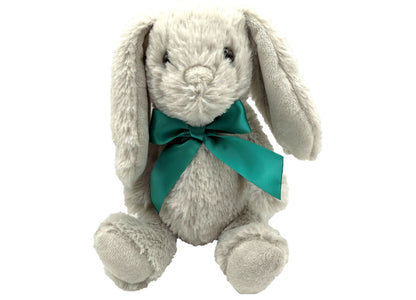 Soft gray plush bunny with long floppy ears and teal ribbon bow, seated on white background