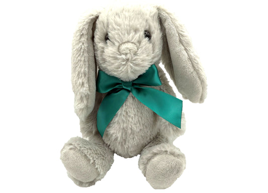 Soft gray plush bunny with long floppy ears and teal ribbon bow, seated on white background