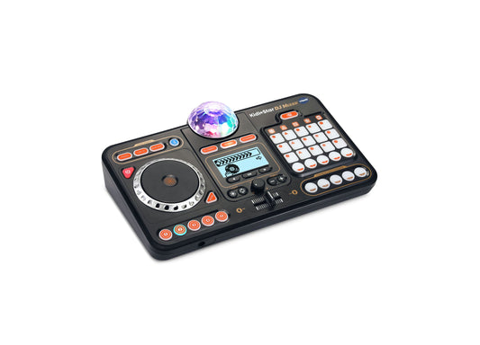 VTech Kidi Star DJ Mixer with black base, orange and white buttons, spinning turntable, light-up disco ball, and illuminated control pad