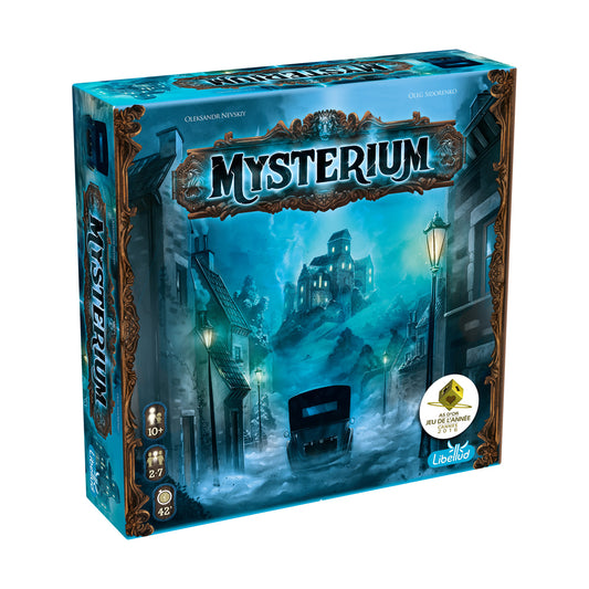 Mysterium board game box featuring ornate bronze framing, mystical castle in blue foggy landscape, player count 2-7, age 10+, game length 42 minutes