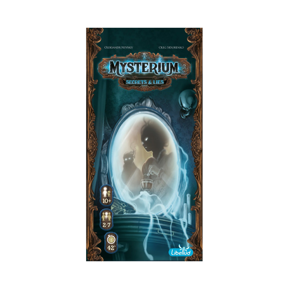 Mysterium: Secrets & Lies Expansion Board Game box featuring ornate gold borders, ghostly figures in a glowing mirror, and icons showing 10+ age, 2-7 players, 4