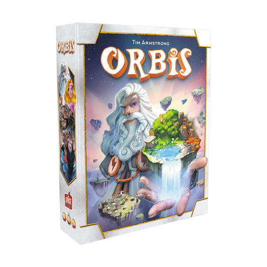Orbis Strategy Board Game box featuring a wizard with white beard holding floating islands with waterfalls and lush vegetation