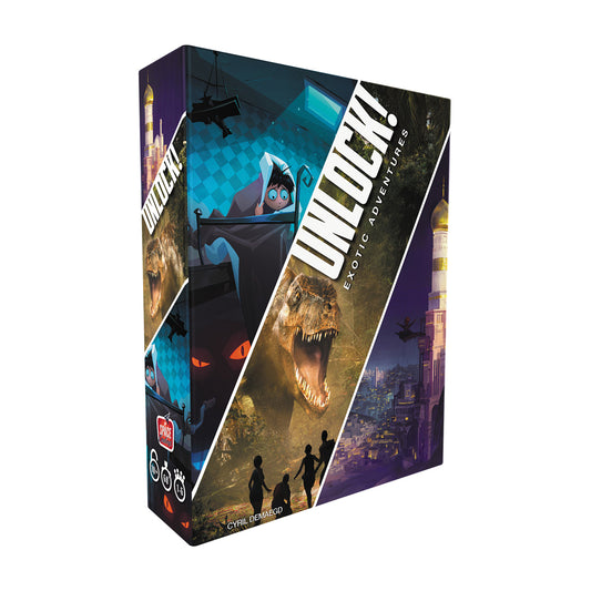 Unlock! Exotic Adventures Big Box board game box showing animated character in blue underwater scene, dinosaur, futuristic cityscape, and adventure imagery