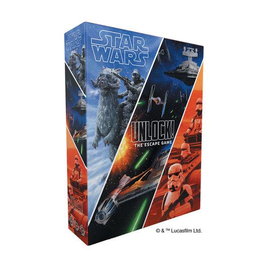 Star Wars Unlock! The Escape Game box featuring blue and orange design with characters, starships, and lightsabers on plain background