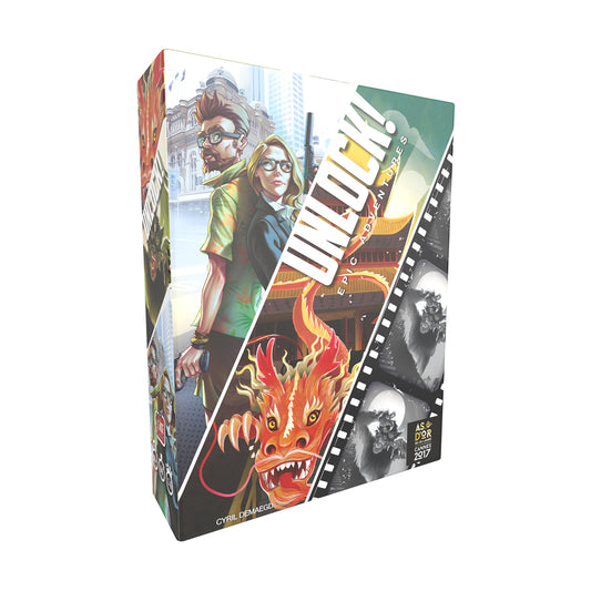 Unlock! Epic Adventures box showing illustrated characters and a red creature with film strip design elements