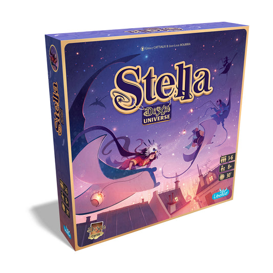 Stella Dixit Universe board game box featuring purple and pink starry artwork with illustrated characters floating in space above a fantastical cityscape