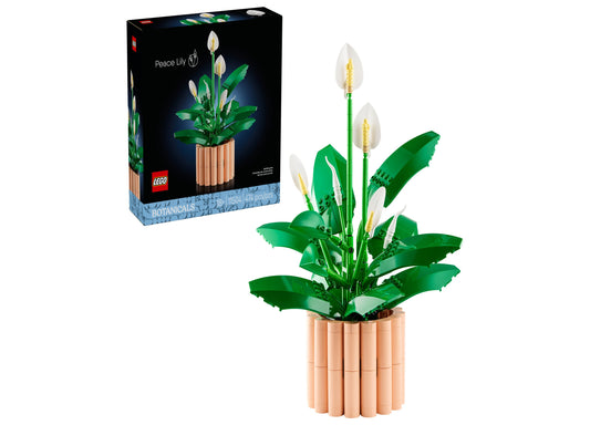 LEGO Botanicals Peace Lily building set with green leaves and white flower blooms in tan pot, shown assembled next to packaged box