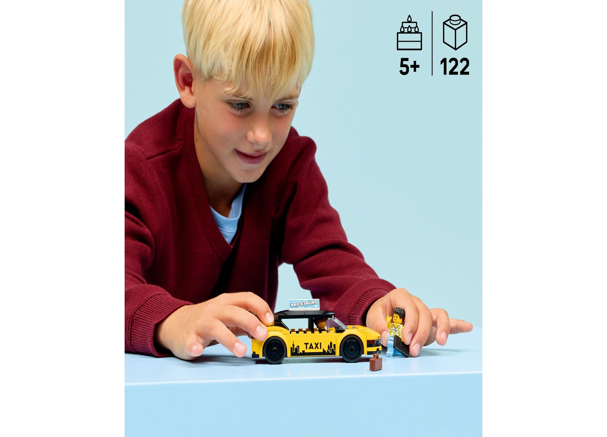 LEGO City Yellow Taxi Car 60487 building toy with 122 pieces, shown with minifigure