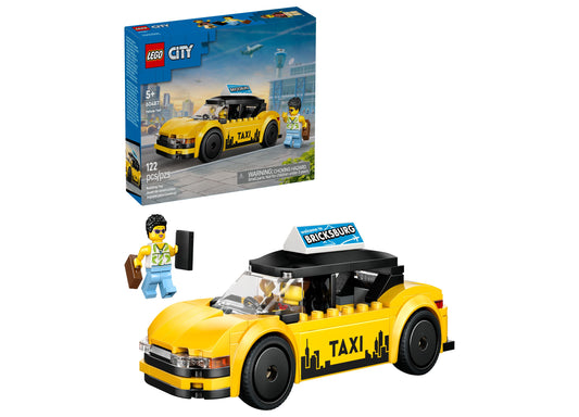 LEGO City Yellow Taxi 60487 building set with yellow taxi car, minifigure driver, and 122 pieces