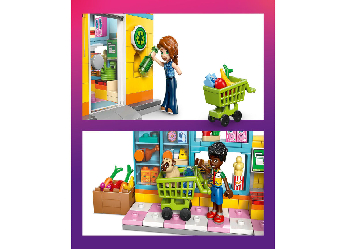 LEGO Friends Heartlake City Convenience Store with colorful storefront, two minidolls, dog figure, shopping cart, and...