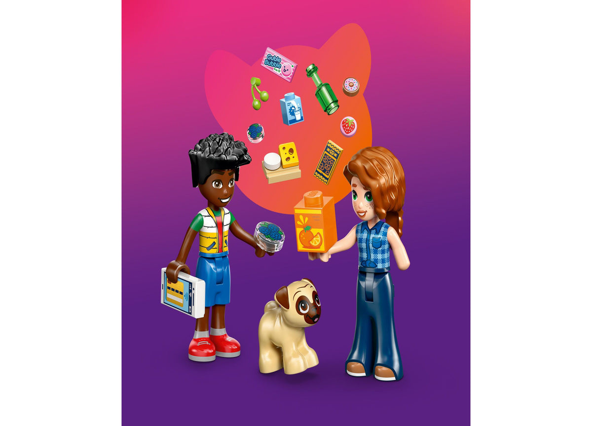 LEGO Friends Heartlake City Convenience Store with two minidolls, dog figure, and colorful food accessories on purple...