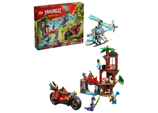 LEGO NINJAGO Dragons Rising Ninja Vehicle Tree House Battle Set with red motorcycle, turquoise helicopter, and multi-level brown fortress with minifigures