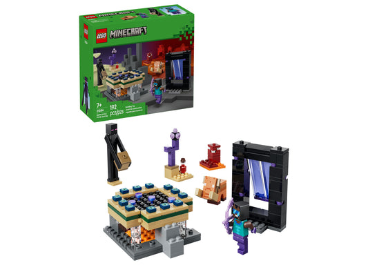 LEGO Minecraft Nether End Portal Adventure Set 21584 box and assembled pieces including minifigures, portal frame, farm platform, and nether structures
