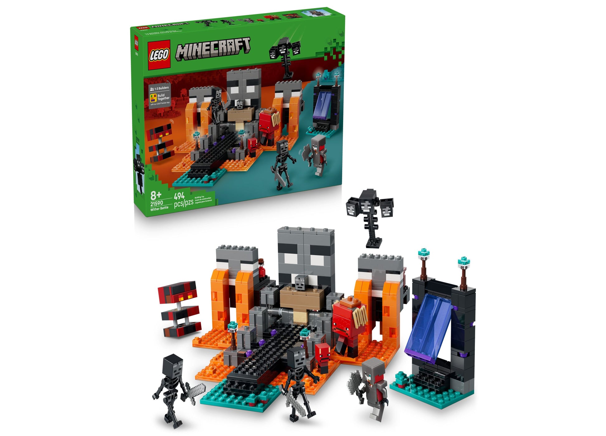 LEGO Minecraft Wither Battle Adventure Set with gray fortress structures, orange platforms, black skeletal figures, and cyan details