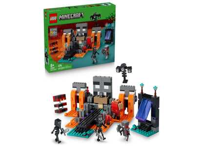 LEGO Minecraft Wither Battle Adventure Set with gray fortress structures, orange platforms, black skeletal figures, and cyan details
