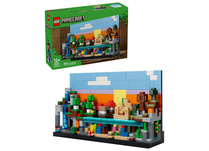 LEGO Minecraft Mini Biomes set with colorful pixel-art styled building featuring blue sky, orange sunset, green vegetation, and brown structures on black base p