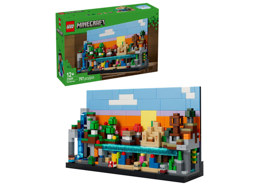 LEGO Minecraft Mini Biomes set with colorful pixel-art styled building featuring blue sky, orange sunset, green vegetation, and brown structures on black base p