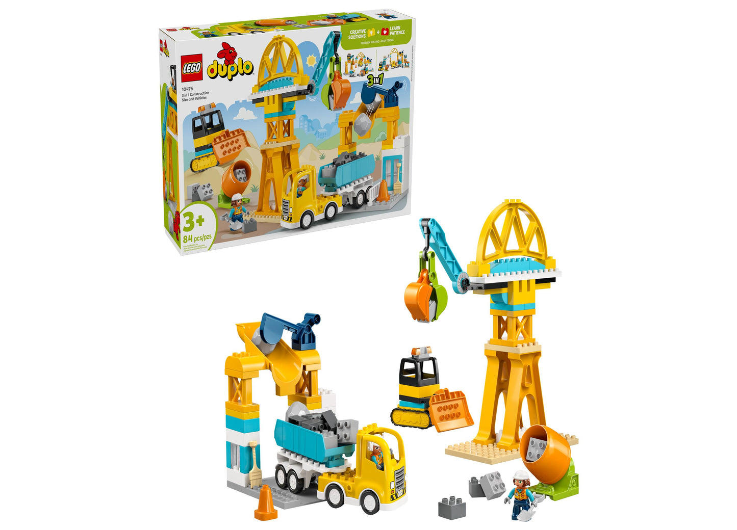 LEGO DUPLO Town Construction Site 3-in-1 set with yellow crane tower, dump truck, excavator, and bulldozer with mini figures and accessory pieces