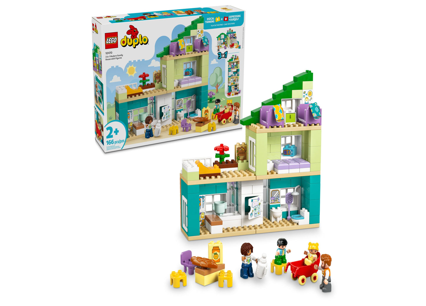 LEGO DUPLO Town Modern Family House 3-in-1 building set with green and teal house, accessory pieces, and four minifigures