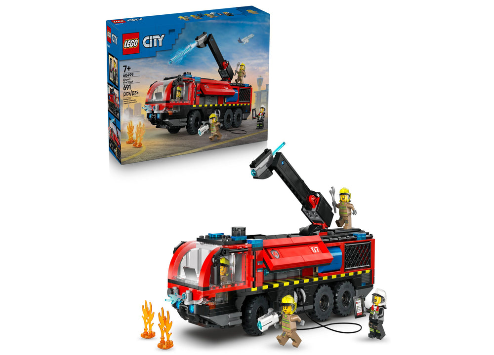 LEGO City Airport Fire Truck set with red and black fire truck, rotating water cannon, three minifigures, and flame elements