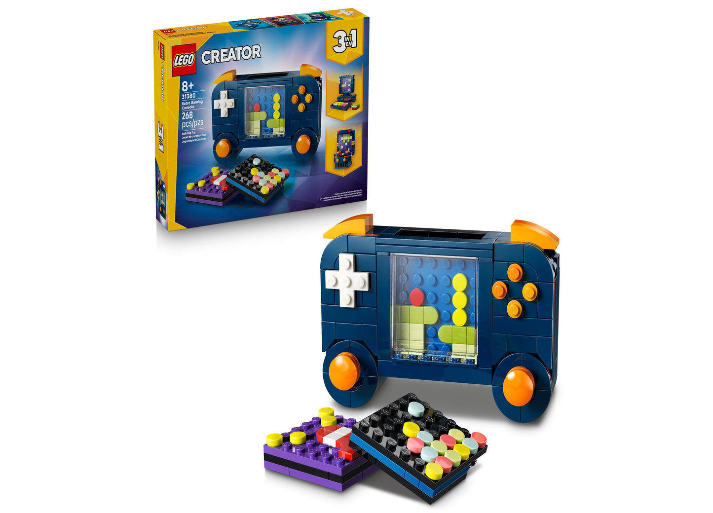 LEGO Creator 3-in-1 Retro Gaming Console set with dark blue handheld device with orange accents, white d-pad, orange buttons, and colorful LEGO studs visible in
