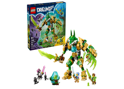 LEGO DREAMZzz Fox Guardian Mech building set with green and gold robot figure, minifigures, accessories, and instruction box