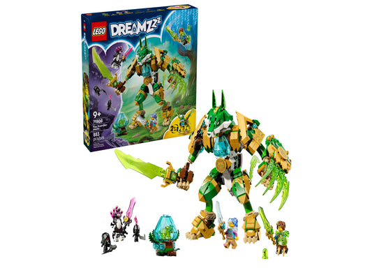 LEGO DREAMZzz Fox Guardian Mech building set with green and gold robot figure, minifigures, accessories, and instruction box