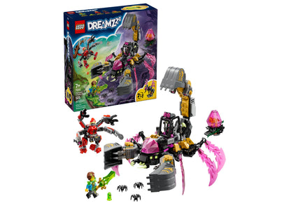 LEGO DREAMZzz Nightmare Scorpion Digger set with box, minifigures, and assembled purple and gold scorpion-themed building structure with pink crystal details