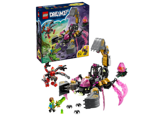 LEGO DREAMZzz Nightmare Scorpion Digger set with box, minifigures, and assembled purple and gold scorpion-themed building structure with pink crystal details
