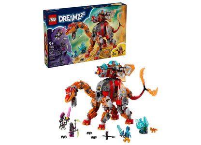 LEGO DREAMZzz Dino Jet building set with red and orange dinosaur robot, minifigures, and accessories displayed with box