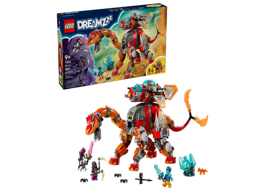 LEGO DREAMZzz Dino Jet building set with red and orange dinosaur robot, minifigures, and accessories displayed with box