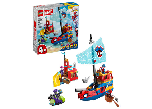 LEGO Marvel Spidey Pirate Ship Adventure Building Kit with red and blue ship, red tower dock building, minifigures, and light blue web sail with Spider-Man logo