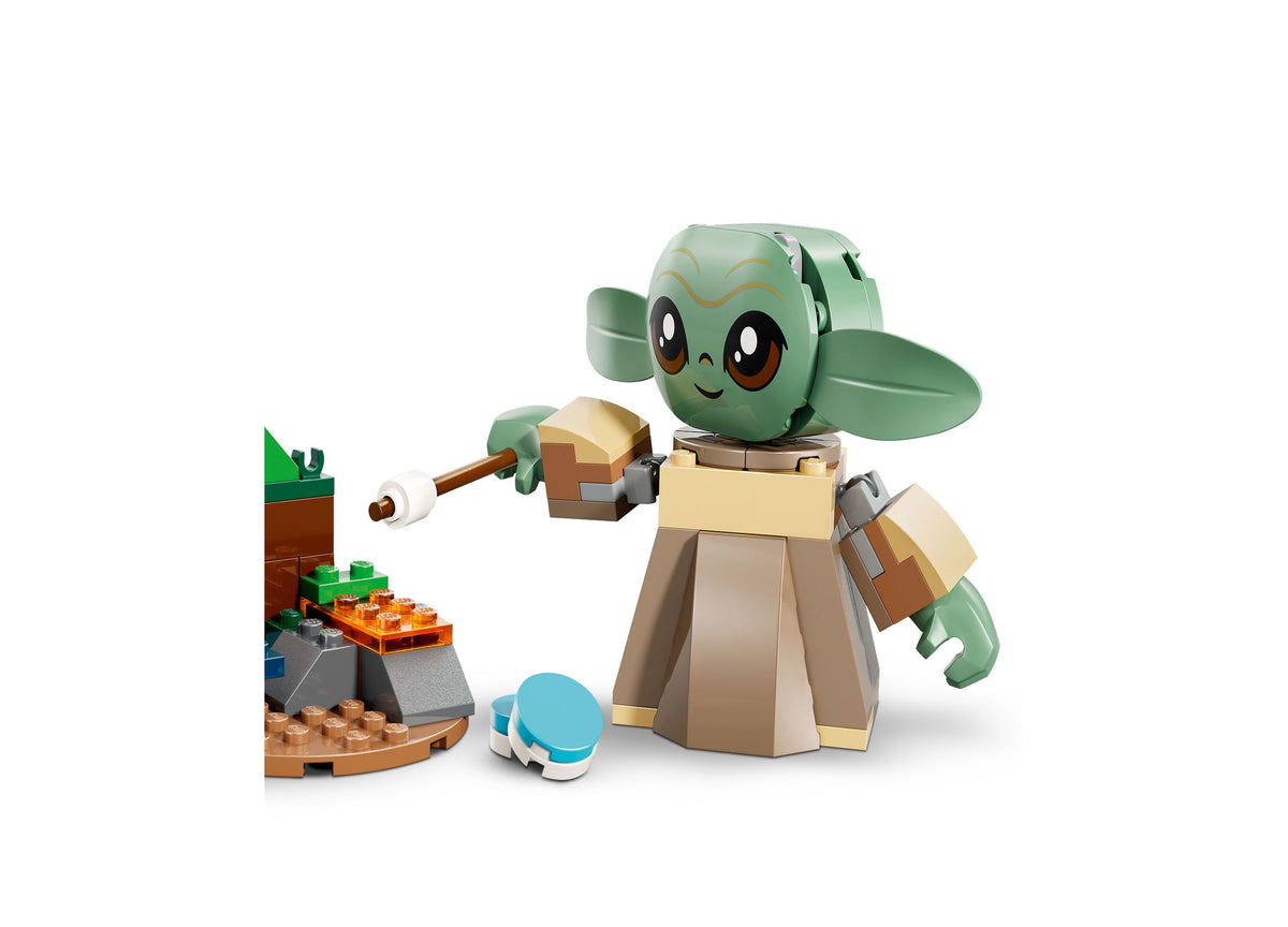 LEGO Star Wars Grogu's Homestead Building Set with green Grogu figure, stone hut, campfire, and hopping frog