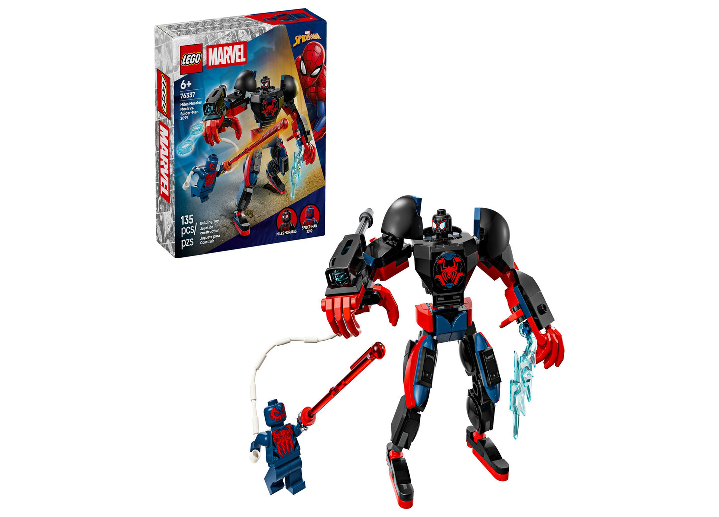 LEGO Marvel Mech Showdown set with red and black robot mech figure, small Miles Morales minifigure, and packaging box displaying the 135-piece building set