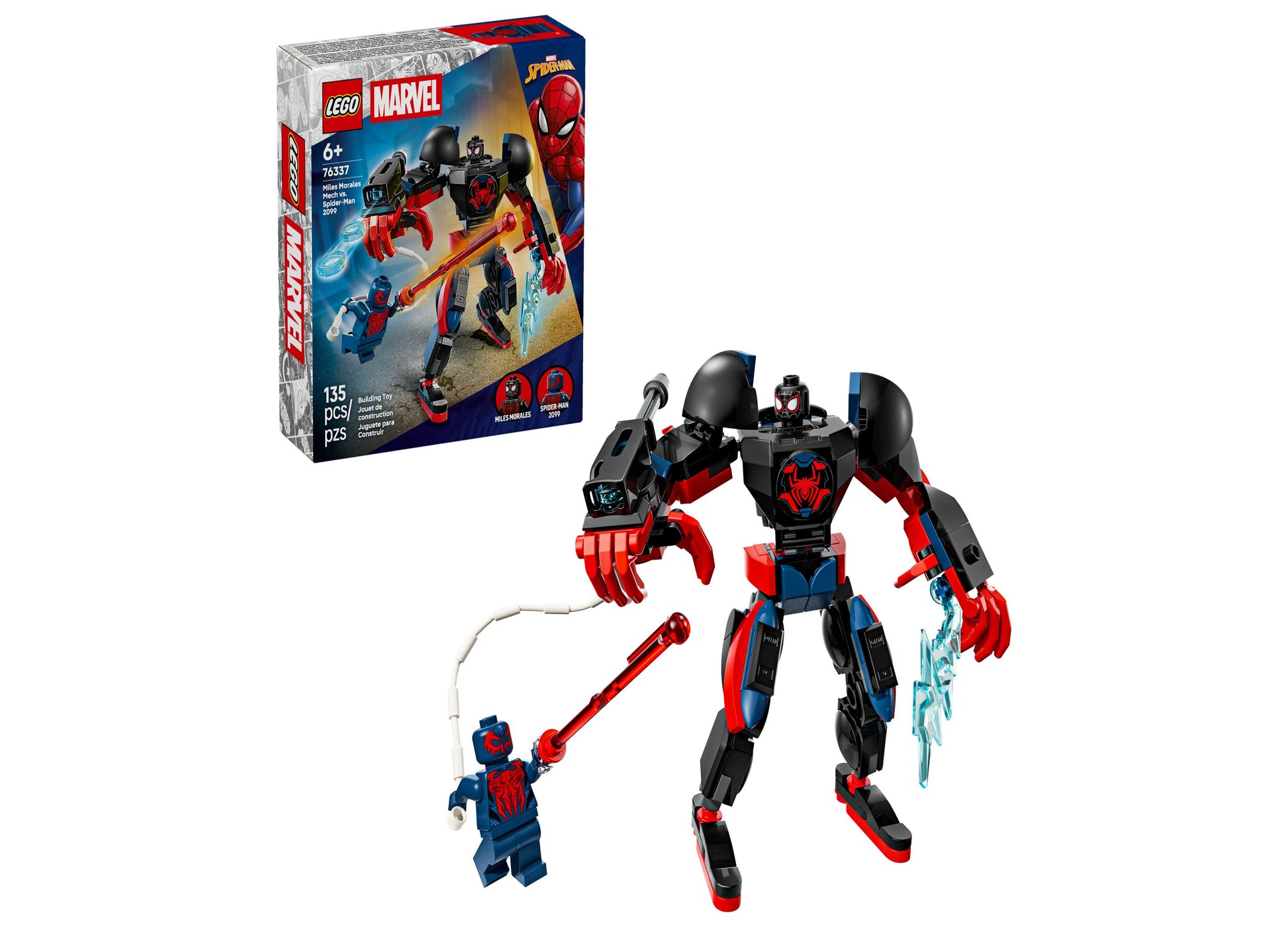 LEGO Marvel Mech Showdown set with red and black robot mech figure, small Miles Morales minifigure, and packaging box displaying the 135-piece building set