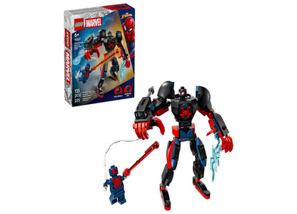 LEGO Marvel Mech Showdown set with red and black robot mech figure, small Miles Morales minifigure, and packaging box displaying the 135-piece building set