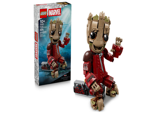 LEGO Marvel Ravager Jumpsuit Groot building set with tan and red brick figure with expressive face, shown assembled next to product box