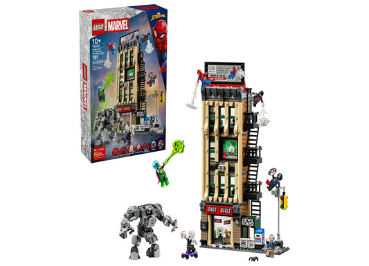 LEGO Marvel Spider-Man vs. Mysterio Daily Bugle Showdown set with 781 pieces, including buildable Daily Bugle newspaper building, Spider-Man minifigure, and gra
