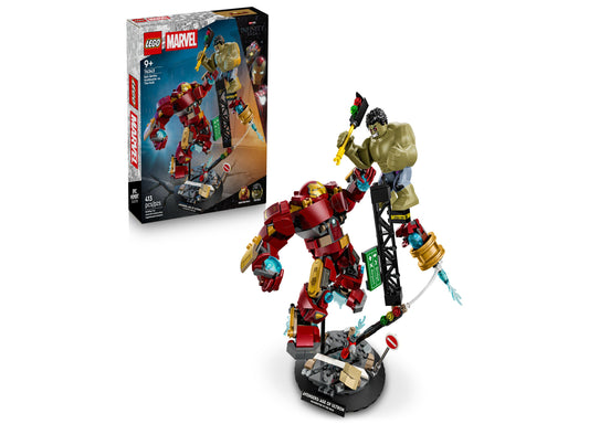 LEGO Marvel Hulkbuster vs. The Hulk set with red and gold armored mech figure and tan Hulk minifigure on display base