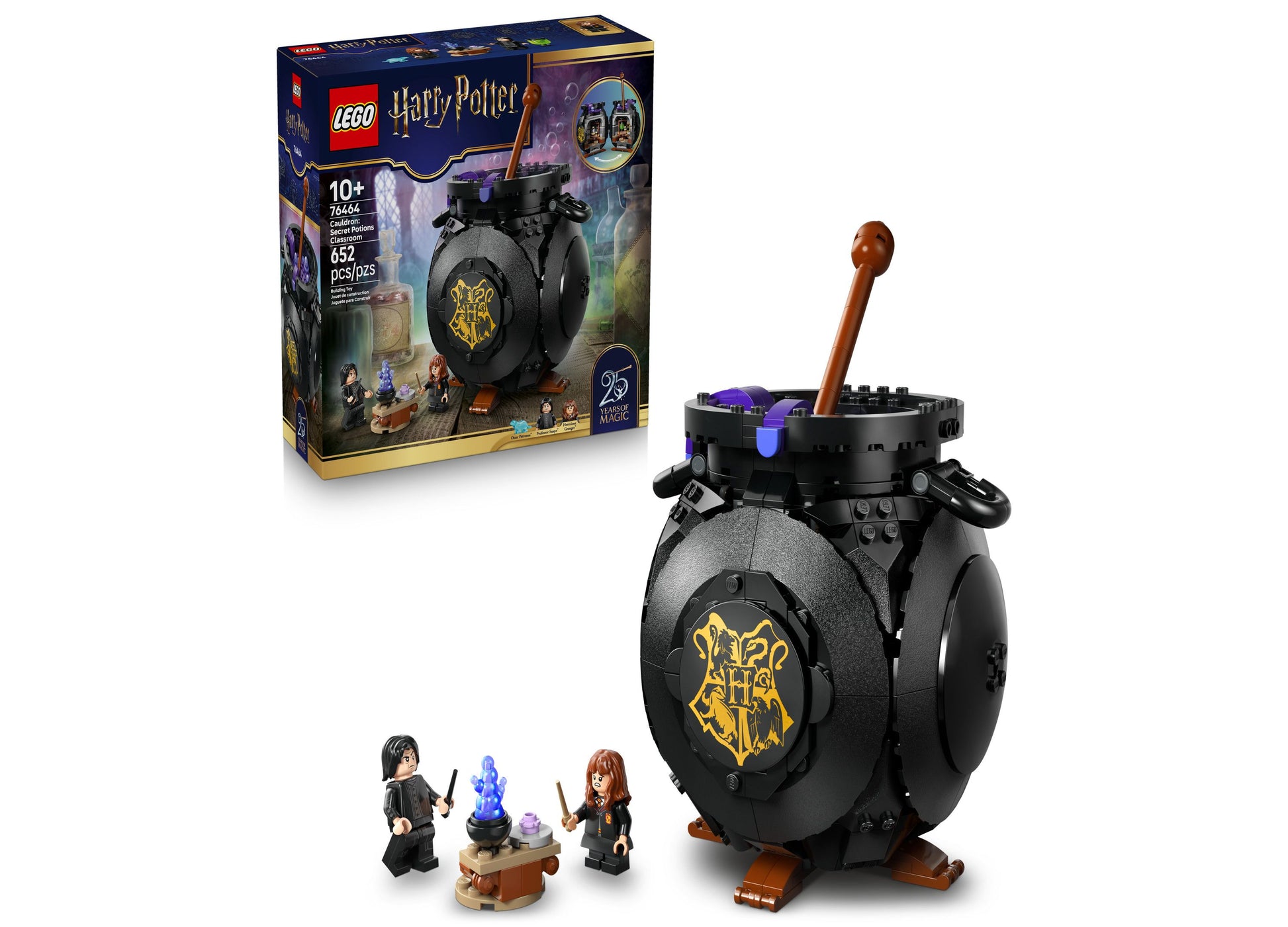 LEGO Harry Potter Secret Potions Classroom set showing black cauldron with gold Hogwarts crest, wooden wand, and two minifigures with potion vial, displayed wit