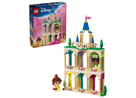 LEGO Disney Princess Belle & Tiana Mini Castle Playset with two mini-figure characters, colorful castle structure with multiple levels, blue and gold towers, an