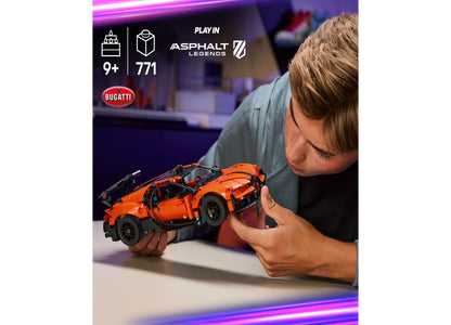 LEGO Technic Bugatti Chiron Pur Sport 771-piece building set with orange hypercar model and open doors