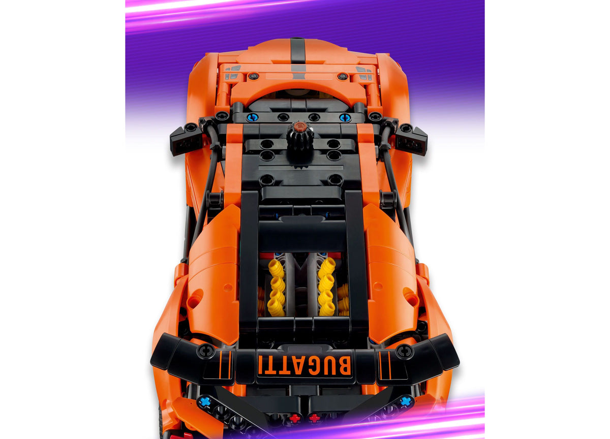 LEGO Technic Bugatti Chiron Pur Sport orange hypercar with black racing stripe, viewed from above