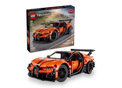 LEGO Technic Bugatti Chiron Pur Sport orange hypercar with black accents, open door, and rear wing displayed next to ...