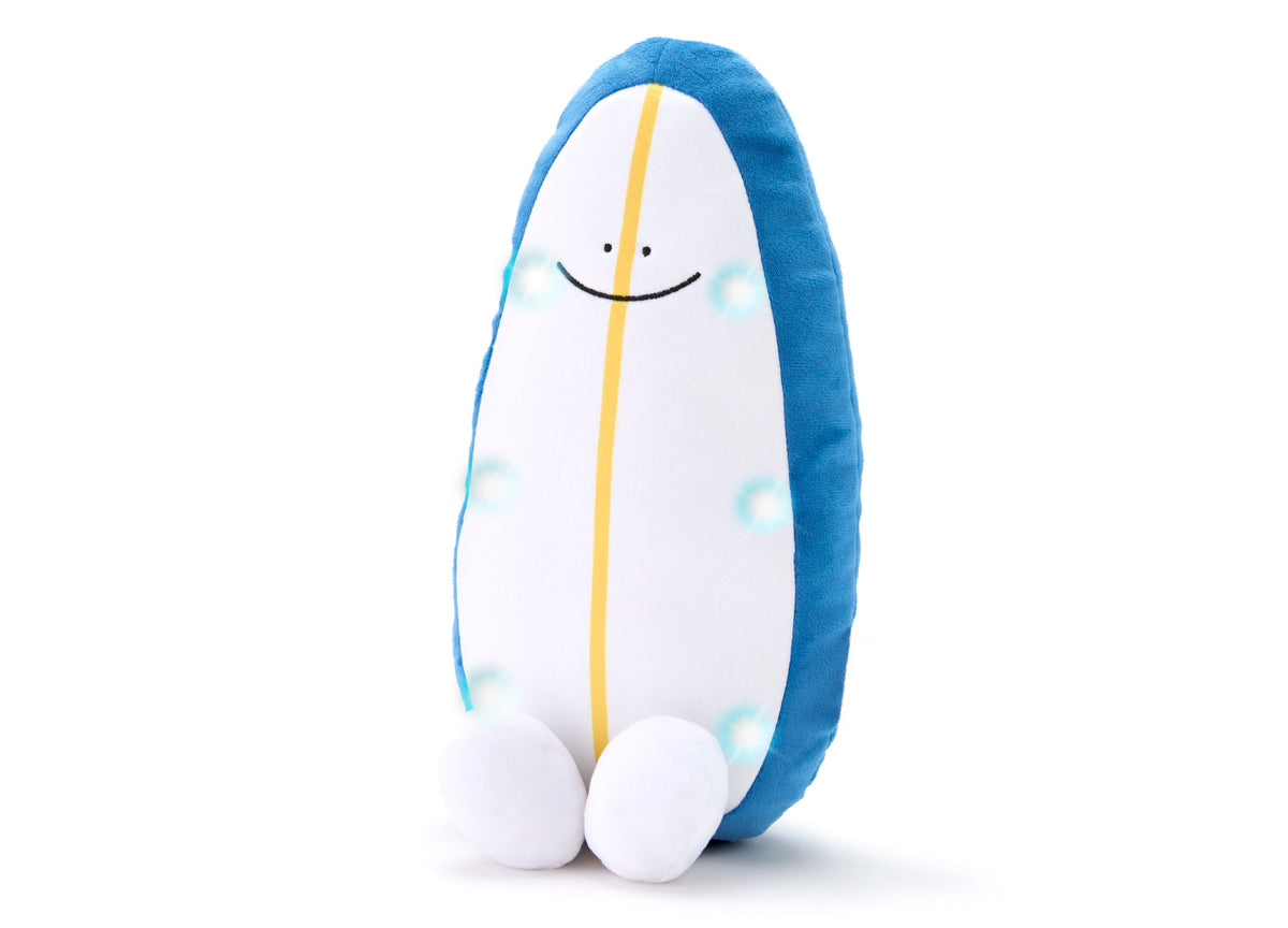 Geoffrey's Toy Box 11-inch Surfboard Plush with blue back, white front, yellow center stripe, and smiling face