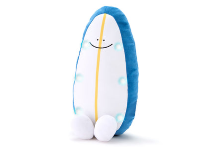 Geoffrey's Toy Box 11-inch Surfboard Plush with blue back, white front, yellow center stripe, and smiling face